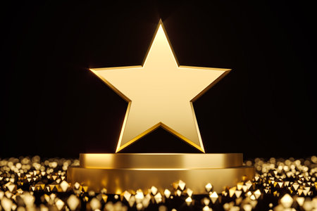 Golden star trophy on round podium with sparkling lights on dark background. Symbol of quality,...