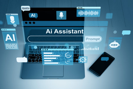 Ai assistant interface on laptop screen, digital style, on blue background. Concept of technology. 3D Renderingの写真素材