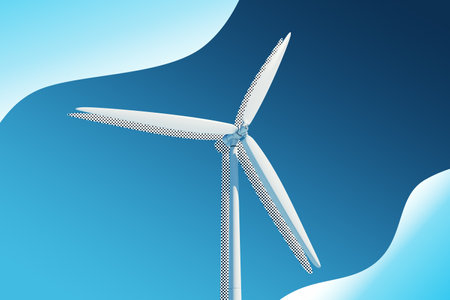 Windmill shown on blue gradient background. Minimalist graphic style. Concept of alternative energy....