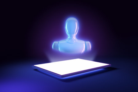 Hologram robot with tablet, futuristic style, dark background, concept of technology. 3D Renderingの写真素材