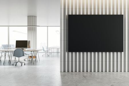 Office interior with black screen on ribbed wall, modern style, light background, concept of presentation. 3D Renderingの写真素材