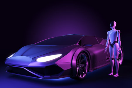 Robot and sports car on dark background, digital art style. Concept of futuristic technology. 3D Renderingの写真素材