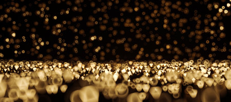Abstract golden bokeh lights and particles on a dark backdrop, creating a luxury and elegant background for premium presentations. 3D Renderingの写真素材