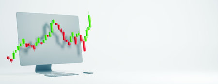 Computer with a 3D candlestick chart emerging from the screen on a light background. Concept of...