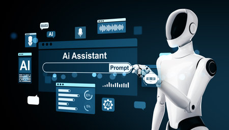 Robot interacting with AI Assistant interface, digital style, on dark background. Concept of technology. 3D Renderingの写真素材