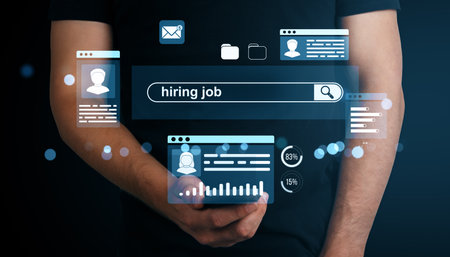 Man using smartphone with digital hiring job search interface, glowing blue icons floating above. Concept of online recruitment and employmentの写真素材