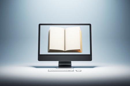 Open book inside a desktop computer screen on a clean gradient background. Concept of online education, e-learning, and digital reading. 3D Renderingの写真素材