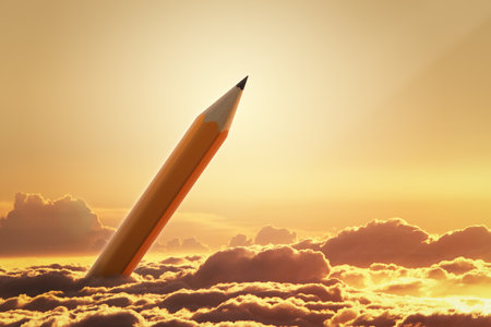 Large pencil rising from clouds under warm golden light, symbolizing creativity and innovation against a surreal dreamy backgroundの写真素材