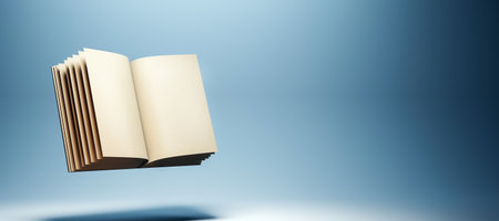 Open book mockup, graphic style, on blue background. Concept of education. 3D Renderingの写真素材