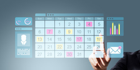 Businessperson selecting dates on digital calendar interface, abstract style, on gradient background, concept of time managementの写真素材