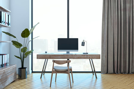Stylish workspace with wooden desk, chair, and computer by a large window. Beige curtains, wooden floor, and indoor plant create a modern aesthetic. 3D Renderingの写真素材