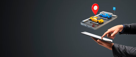 Businessman using carsharing mobile application with digital cars on phone screen, symbolizing...