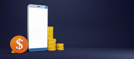 Smartphone mockup with blank screen, dollar coin, and stacked gold coins on a dark background....