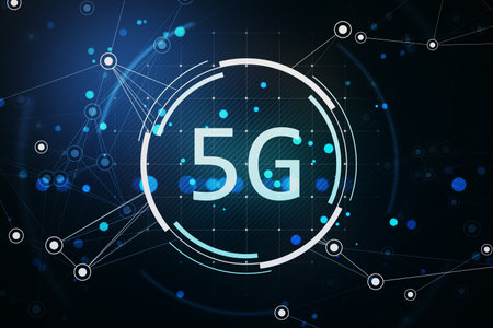 5G digital symbol with neon glow, futuristic network connections, and cyber elements on a dark...