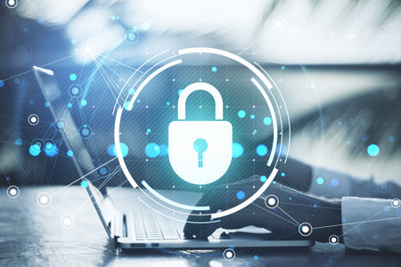 Cybersecurity padlock icon over hands typing on a laptop, glowing blue network connections, digital...