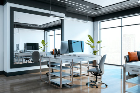 Spacious office with sleek desks, ergonomic chairs, and large windows overlooking a cityscape. Elegant and professional workspace design. 3D Renderingの写真素材