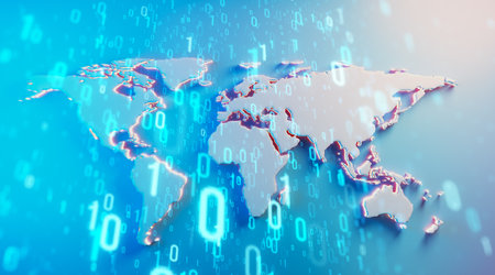 Abstract world map with glowing binary code overlay on a blue background. Concept of global digital...