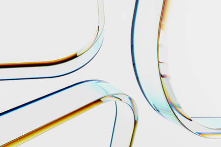 Transparent curved glass shapes with iridescent edges on a light background, representing a modern abstract design and art concept. 3D Renderingの写真素材