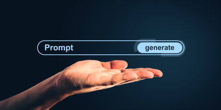 Open human hand showing a glowing digital search bar with prompt and generate button, on dark background, symbolizing AI interface conceptの写真素材