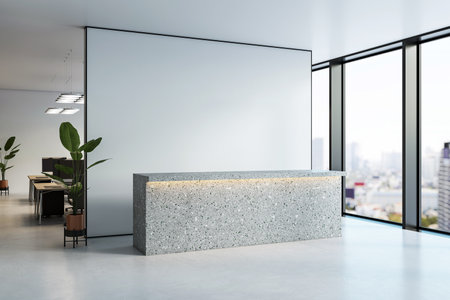 Minimalist office reception with terrazzo counter, blank wall mockup, large windows, and clean city view background. 3D Renderingの写真素材