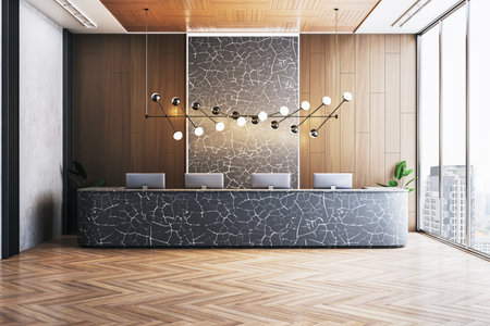 Stylish office reception interior with modern marble desk, wooden panels, parquet floor and city view from large glass windows. 3D Renderingの写真素材