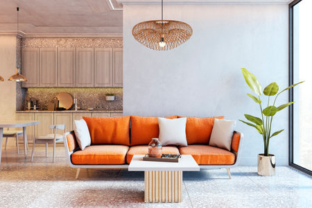 Contemporary living room with orange sofa, pendant light, and kitchen in background on textured...