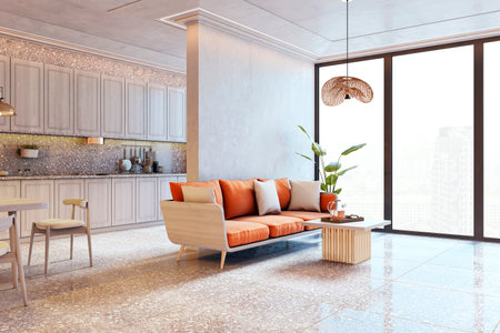 Contemporary living room and kitchen with orange sofa, terrazzo floor, wood furniture, and large...