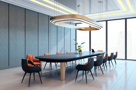Contemporary office conference room with modern furniture and stylish lighting set against glass...