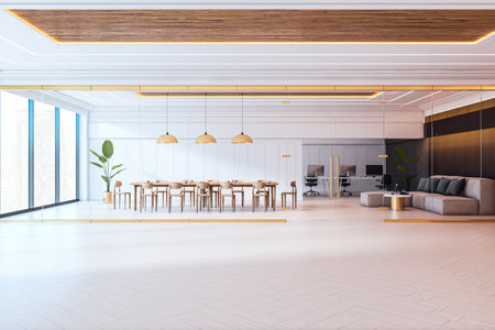 Spacious modern office interior featuring wooden furniture, glass partitions, and natural light in a clean, bright business environment. 3D Renderingの写真素材