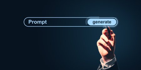 Hand of a businessperson pressing a generate button in a digital prompt interface with glowing light...