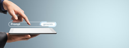 Business person holding tablet with finger pointing at prompt generate interface on light...