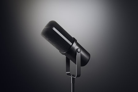 Sleek black microphone angled on dark gradient background, 3D Rendering, showcasing modern technology, communication, and business conceptの写真素材