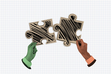 Two businesspeople's hands holding puzzle pieces, creative graphic style, on a light graph paper background. Concept of teamwork and collaborationの写真素材