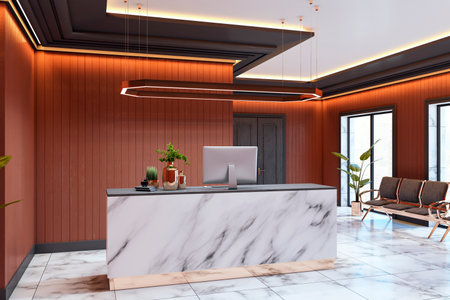 Elegant reception room with marble desk, wood wall panels, modern lighting, tiled floor, and indoor plants on a business interior background. 3D Renderingの写真素材