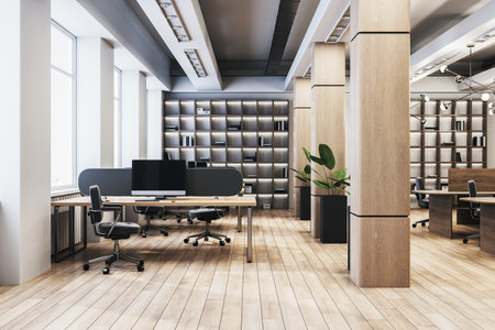 Contemporary empty office interior with wood furniture and bookshelves, modern workspace design in open-plan layout, 3D Renderingの写真素材