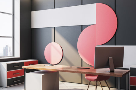 Contemporary executive office with abstract wall panels, sleek furniture and city view through large...