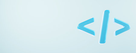 Glossy blue 3D code brackets on a light blue gradient background, representing a modern creative...
