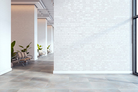 Blank white brick wall indoors with chairs and plants in a clean office corridor, ideal for branding, poster, or logo placement. 3D Renderingの写真素材