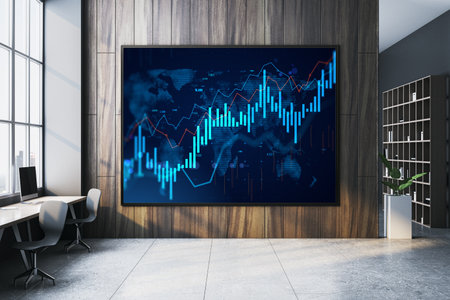 Office space with large screen showing abstract financial chart graphics, modern interior design, light from windows, concept of business growth, 3D Renderingの写真素材