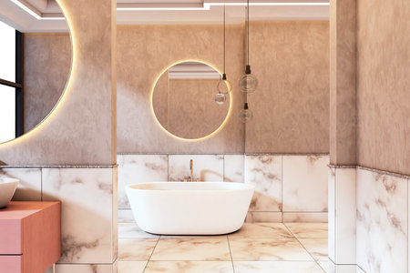 Elegant modern bathroom with marble walls and floor, white bathtub, glowing circular mirror, pendant lights, and clean chic design. 3D Renderingの写真素材