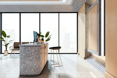 Contemporary reception desk in office lobby with terrazzo counter, light wooden walls, and city view through large glass windows. 3D Renderingの写真素材