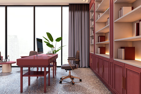 Elegant modern office workspace with burgundy desk, bookshelves, and city view window on terrazzo...