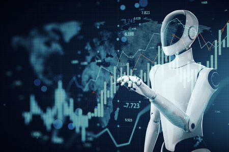 Humanoid robot with futuristic design analyzing digital financial data charts, glowing fintech background, concept of online artificial intelligence. 3D Renderingの写真素材