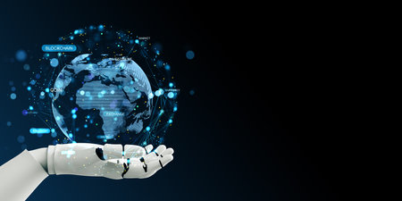 Futuristic robot hand showing a digital globe with blockchain, finance, and network connections in cyberspace on dark background. 3D Renderingの写真素材