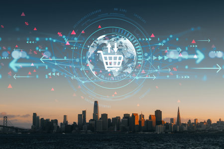 Holographic ecommerce icon and data overlay above city buildings at sunset, light tech design on...