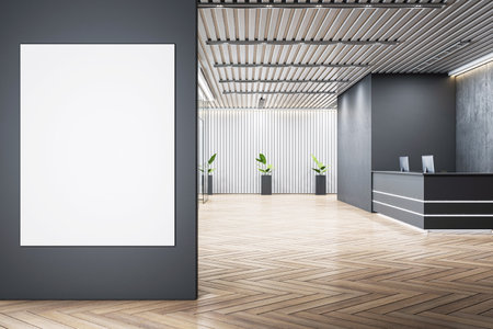 Blank vertical frame on dark wall inside modern office reception area with wooden parquet floor, clean empty canvas background for banner mockup, 3D Renderingの写真素材