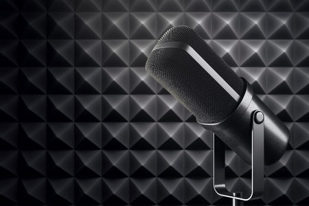 Close-up of modern black microphone with mesh texture and stand for business audio technology concept. 3D Renderingの写真素材