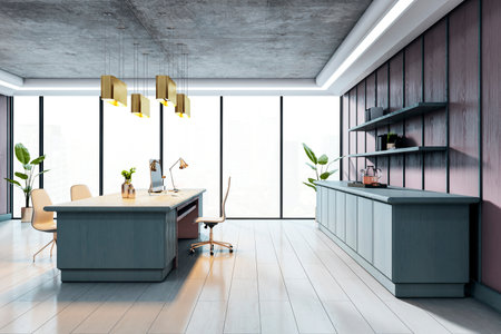 Executive office interior with large windows, modern furniture, stylish lighting, and wood textures on a clean floor. Concept of luxury workspace. 3D Renderingの写真素材