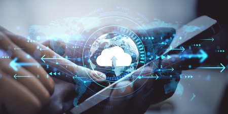 Person using smartphone with glowing cloud icon, global network graphics and arrows on light...