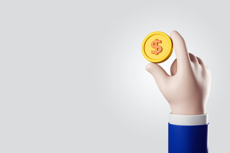 Cartoon hand holding a gold coin with a dollar symbol, 3D Rendering style, light gray background, concept of finance, investment and economyの写真素材